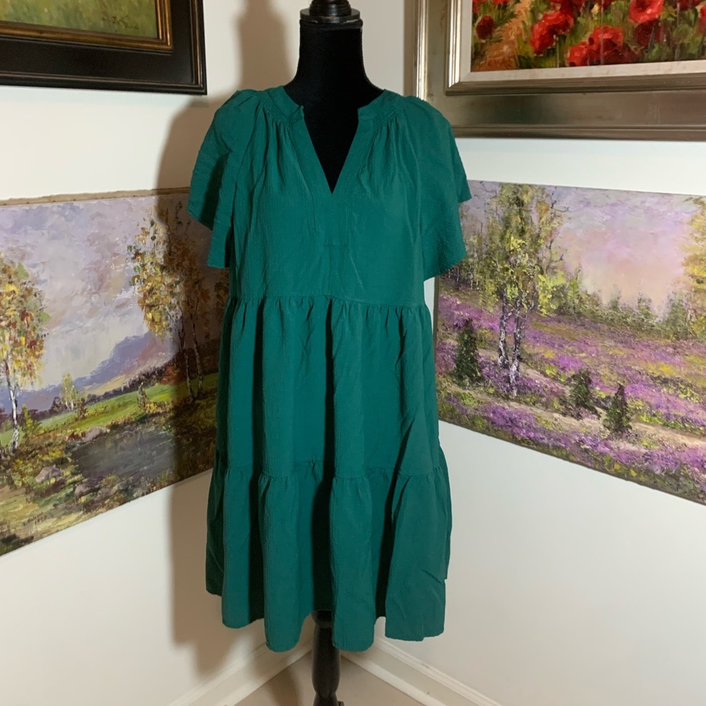 Calvin Klein Emerald Green Tiered V-Neck Short Sleeve Dress